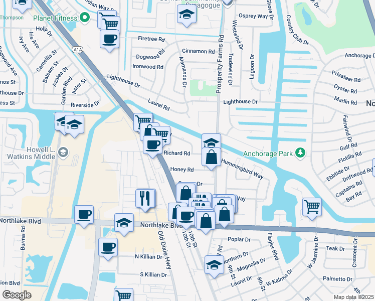 map of restaurants, bars, coffee shops, grocery stores, and more near 2600 Hinda Road in West Palm Beach