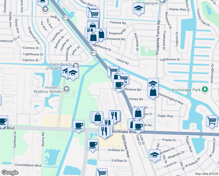 map of restaurants, bars, coffee shops, grocery stores, and more near 9393 Old Dixie Highway in Lake Park