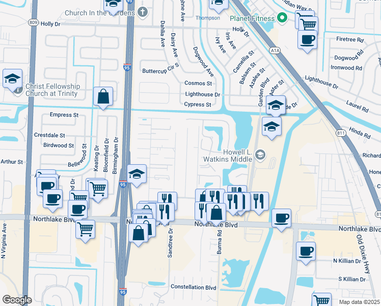 map of restaurants, bars, coffee shops, grocery stores, and more near 9374 Sun Court in West Palm Beach