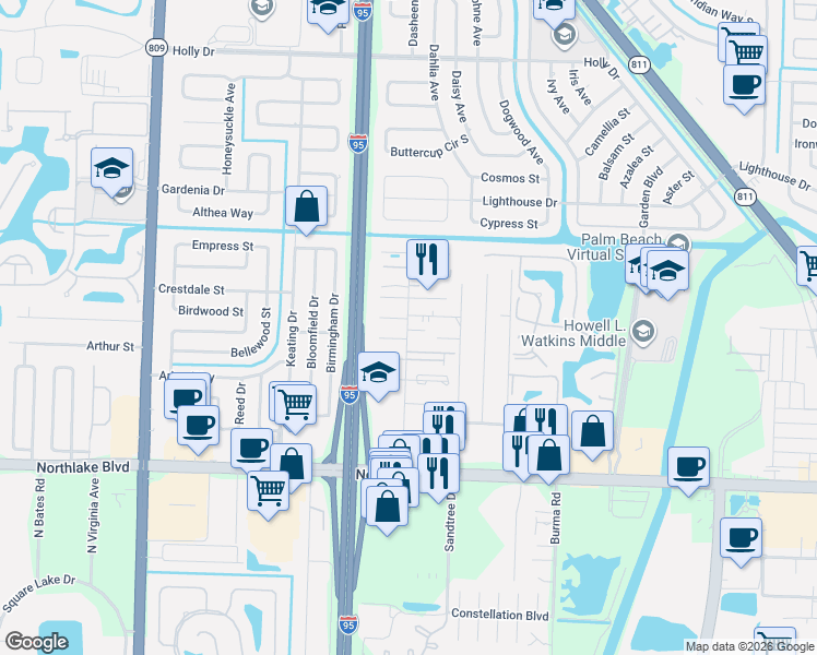 map of restaurants, bars, coffee shops, grocery stores, and more near 9336 Roan Lane in West Palm Beach