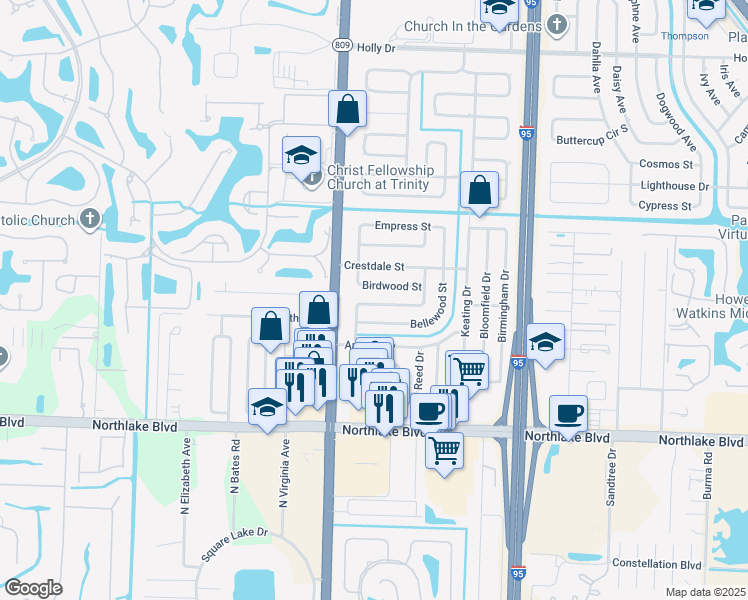 map of restaurants, bars, coffee shops, grocery stores, and more near 4395 Applecrest Drive in Palm Beach Gardens