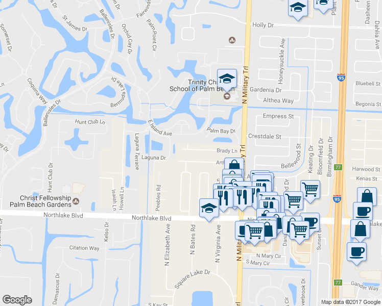 map of restaurants, bars, coffee shops, grocery stores, and more near 4794 Brady Lane in Palm Beach Gardens