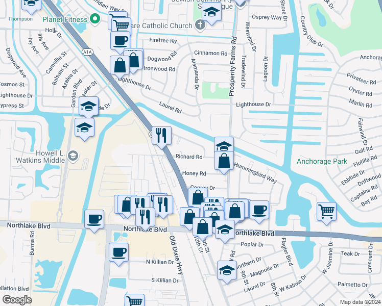 map of restaurants, bars, coffee shops, grocery stores, and more near 2735 Richard Road in West Palm Beach
