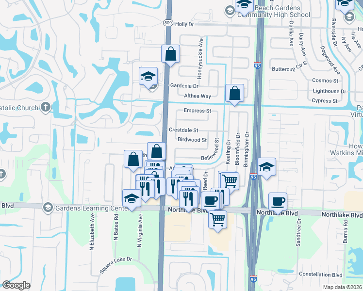 map of restaurants, bars, coffee shops, grocery stores, and more near 4395 Applecrest Drive in Palm Beach Gardens