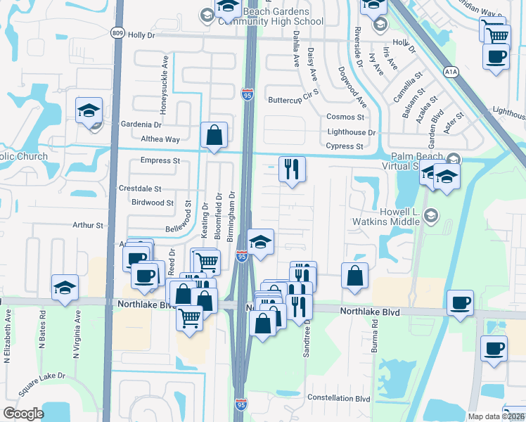 map of restaurants, bars, coffee shops, grocery stores, and more near 3936 Loni Street in West Palm Beach