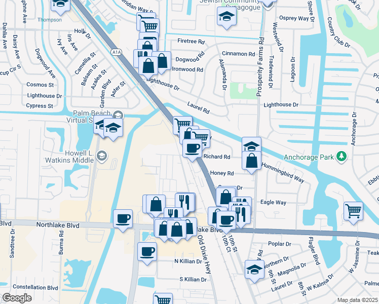 map of restaurants, bars, coffee shops, grocery stores, and more near 9377 Florida A1A Alternate in West Palm Beach