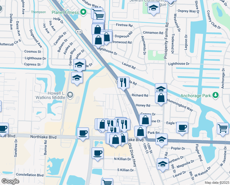 map of restaurants, bars, coffee shops, grocery stores, and more near 9393 Old Dixie Highway in Lake Park