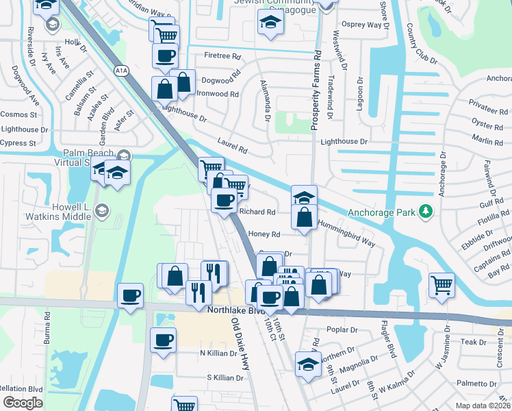 map of restaurants, bars, coffee shops, grocery stores, and more near 2735 Richard Road in West Palm Beach