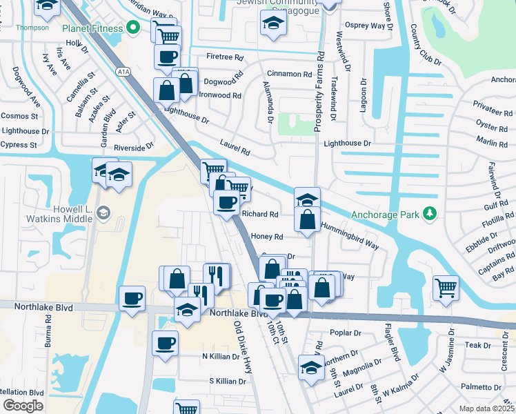 map of restaurants, bars, coffee shops, grocery stores, and more near 2735 Richard Road in West Palm Beach