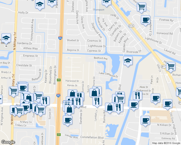 map of restaurants, bars, coffee shops, grocery stores, and more near 9374 Sun Court in West Palm Beach