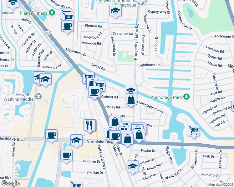 map of restaurants, bars, coffee shops, grocery stores, and more near 2600 Hinda Road in West Palm Beach