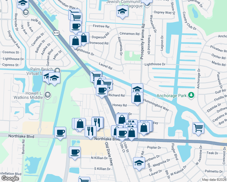 map of restaurants, bars, coffee shops, grocery stores, and more near 2735 Richard Road in West Palm Beach