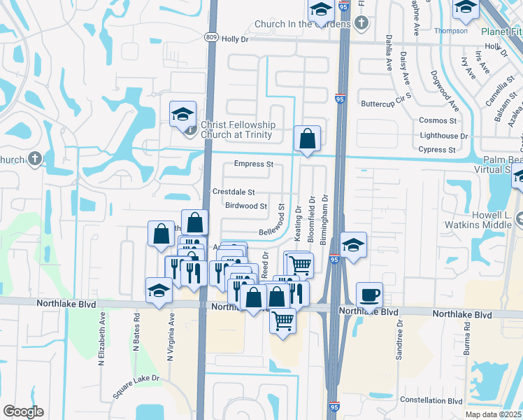 map of restaurants, bars, coffee shops, grocery stores, and more near 4303 Applecrest Drive in Palm Beach Gardens