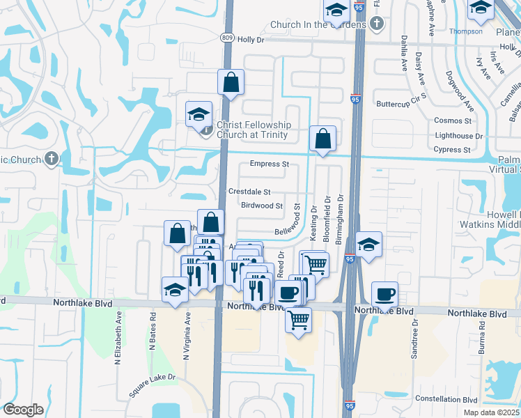 map of restaurants, bars, coffee shops, grocery stores, and more near 4395 Applecrest Drive in Palm Beach Gardens