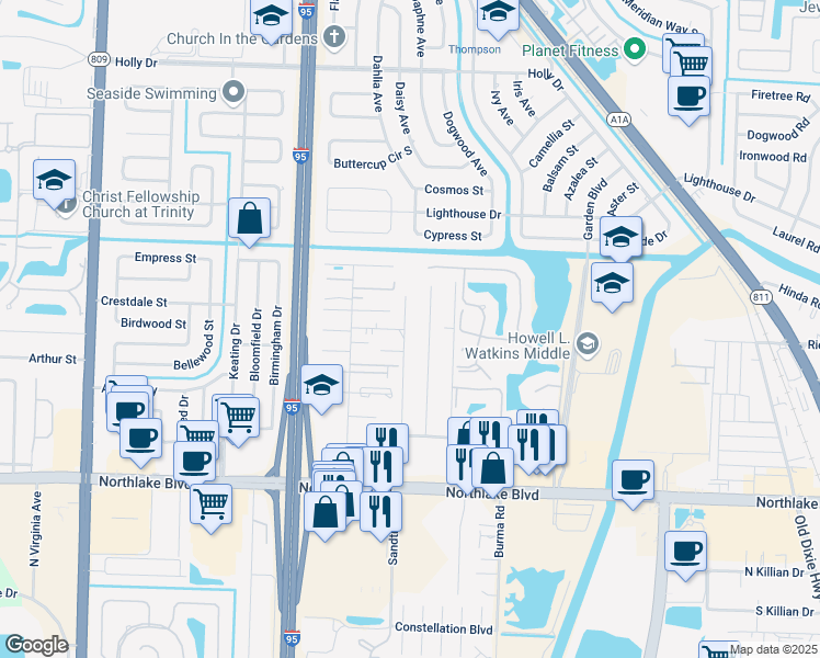 map of restaurants, bars, coffee shops, grocery stores, and more near 3761 93rd Lane North in West Palm Beach