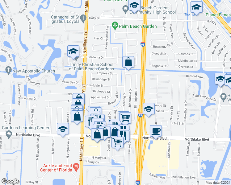 map of restaurants, bars, coffee shops, grocery stores, and more near 9373 Bellewood Street in Palm Beach Gardens