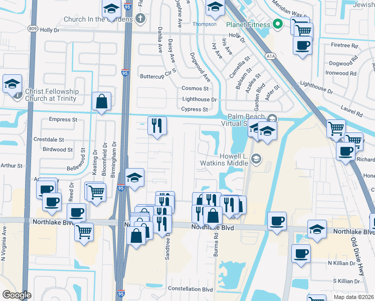 map of restaurants, bars, coffee shops, grocery stores, and more near 9374 Sun Court in West Palm Beach
