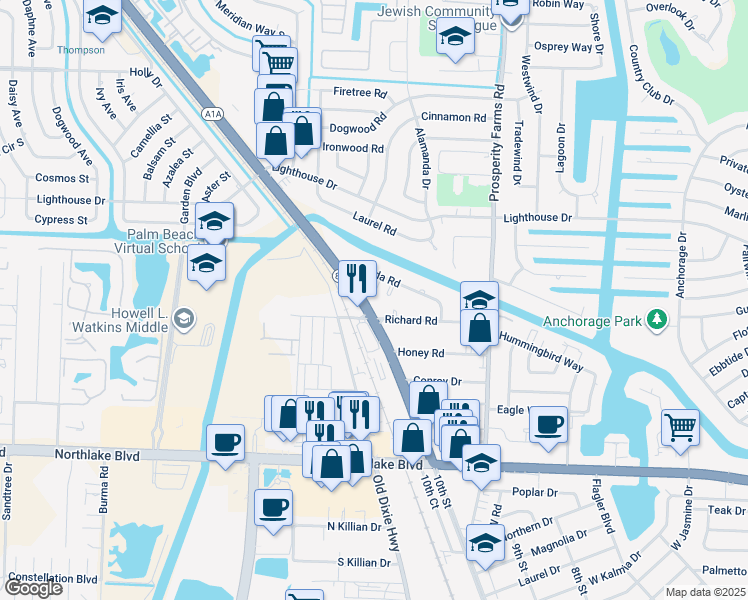 map of restaurants, bars, coffee shops, grocery stores, and more near 9377 Florida A1A Alternate in West Palm Beach