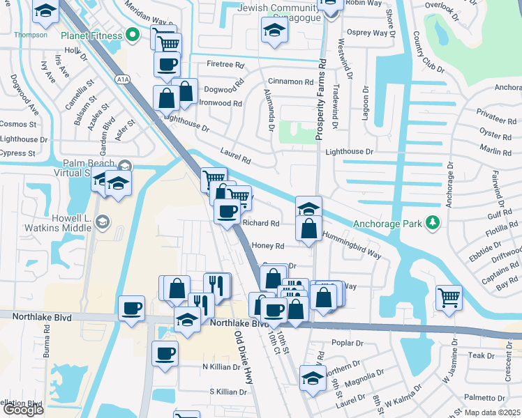 map of restaurants, bars, coffee shops, grocery stores, and more near 2735 Richard Road in West Palm Beach
