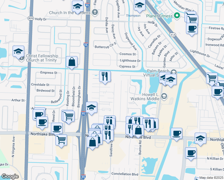 map of restaurants, bars, coffee shops, grocery stores, and more near 3761 93rd Lane North in West Palm Beach