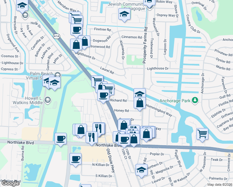 map of restaurants, bars, coffee shops, grocery stores, and more near 2735 Richard Road in West Palm Beach
