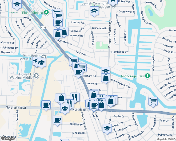 map of restaurants, bars, coffee shops, grocery stores, and more near 2735 Richard Road in West Palm Beach