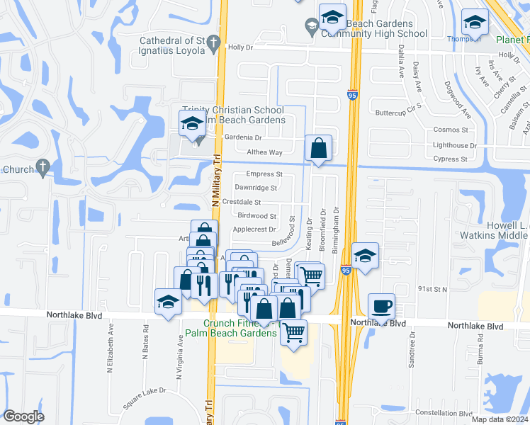 map of restaurants, bars, coffee shops, grocery stores, and more near 4317 Birdwood Street in Palm Beach Gardens