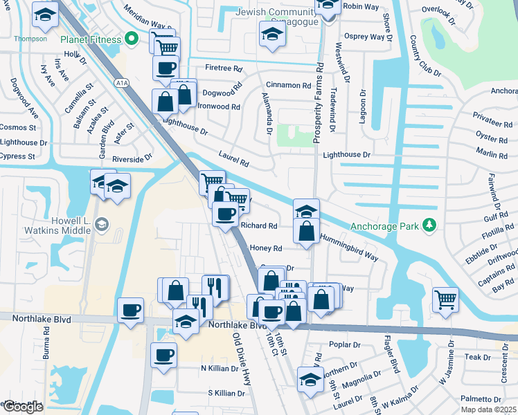 map of restaurants, bars, coffee shops, grocery stores, and more near 2735 Richard Road in West Palm Beach