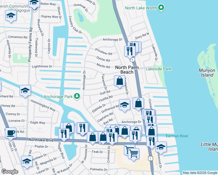 map of restaurants, bars, coffee shops, grocery stores, and more near 425 Harbour Road in North Palm Beach