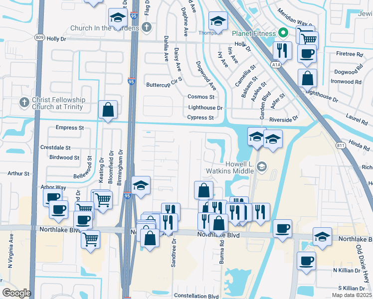 map of restaurants, bars, coffee shops, grocery stores, and more near 9464 Sun Court in West Palm Beach