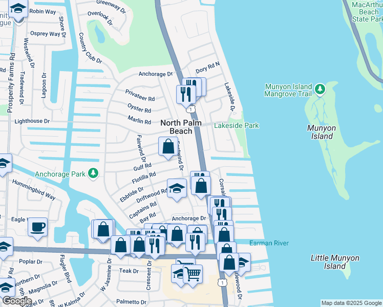 map of restaurants, bars, coffee shops, grocery stores, and more near 643 U.S. 1 in North Palm Beach