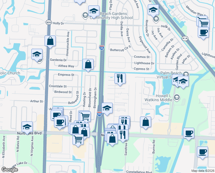 map of restaurants, bars, coffee shops, grocery stores, and more near 9471 Roan Lane in West Palm Beach