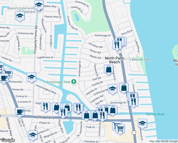 map of restaurants, bars, coffee shops, grocery stores, and more near Inlet Road in North Palm Beach