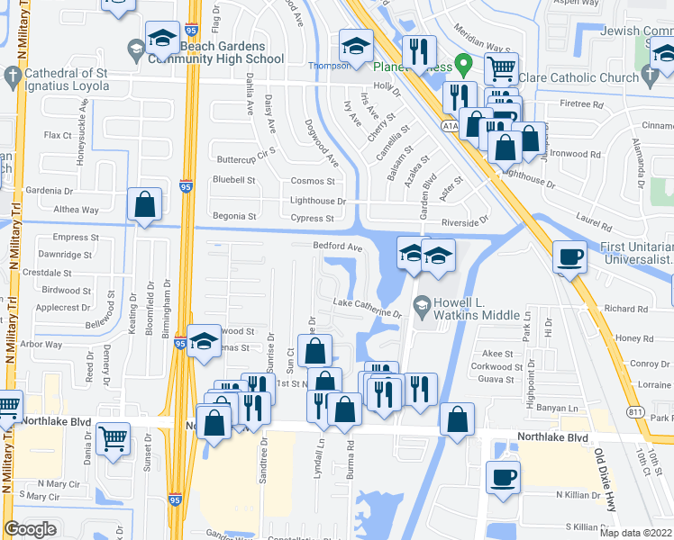 map of restaurants, bars, coffee shops, grocery stores, and more near 2021 Bedford Drive in Palm Beach Gardens