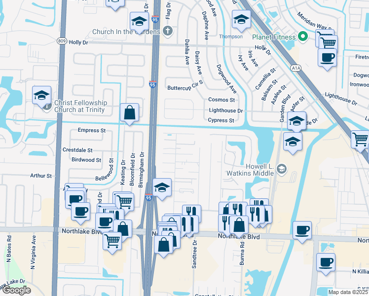 map of restaurants, bars, coffee shops, grocery stores, and more near 3840 Park Lane Villas Road in West Palm Beach
