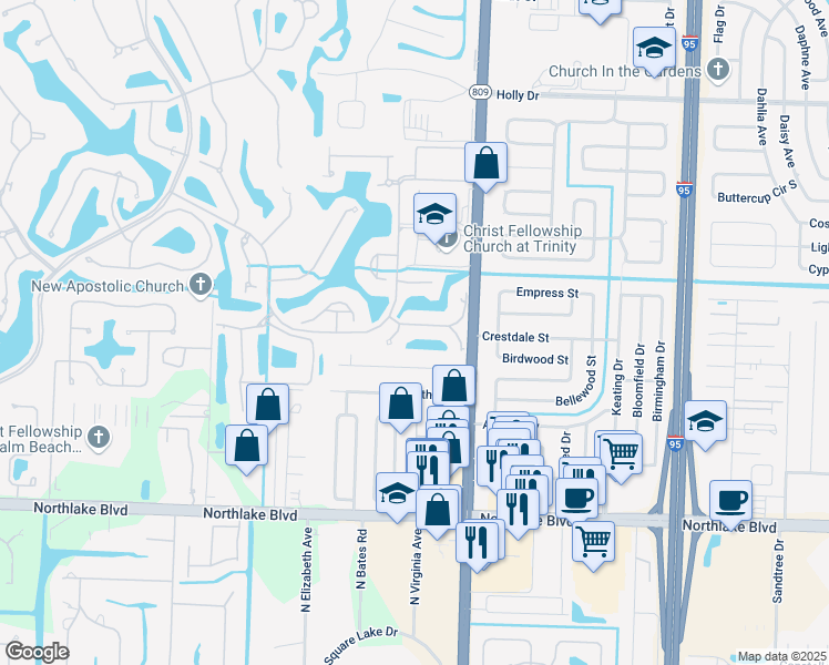 map of restaurants, bars, coffee shops, grocery stores, and more near 104 Palm Bay Circle in Palm Beach Gardens