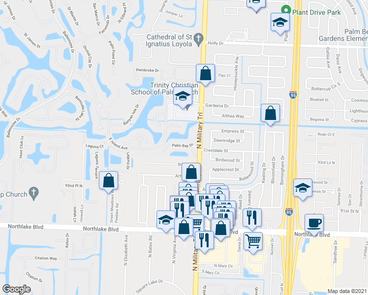 map of restaurants, bars, coffee shops, grocery stores, and more near 108c Palm Bay Drive in Palm Beach Gardens