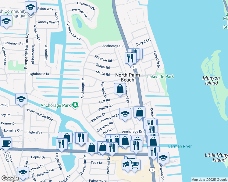 map of restaurants, bars, coffee shops, grocery stores, and more near 425 Harbour Road in North Palm Beach