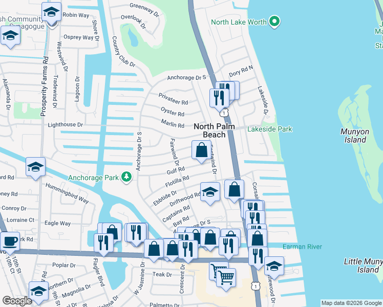 map of restaurants, bars, coffee shops, grocery stores, and more near 425 Harbour Road in North Palm Beach