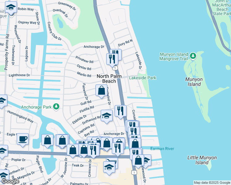 map of restaurants, bars, coffee shops, grocery stores, and more near 639 U.S. Highway 1 in North Palm Beach