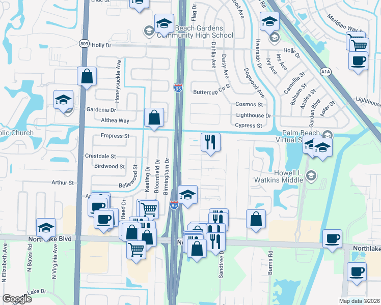 map of restaurants, bars, coffee shops, grocery stores, and more near 9471 Roan Ln in West Palm Beach