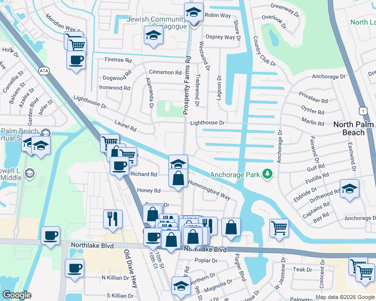 map of restaurants, bars, coffee shops, grocery stores, and more near 606 Prosperity Farms Road in North Palm Beach