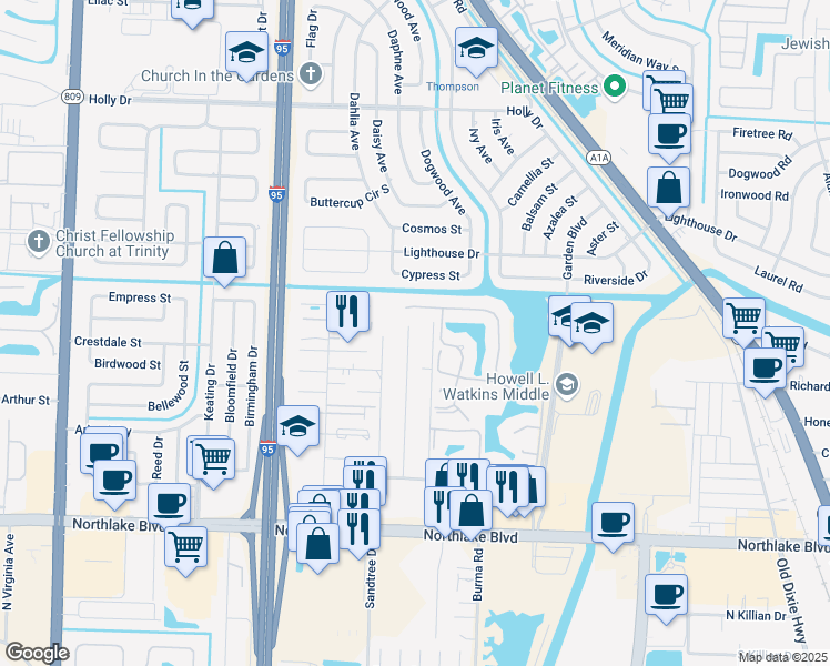 map of restaurants, bars, coffee shops, grocery stores, and more near 9464 Sun Court in West Palm Beach