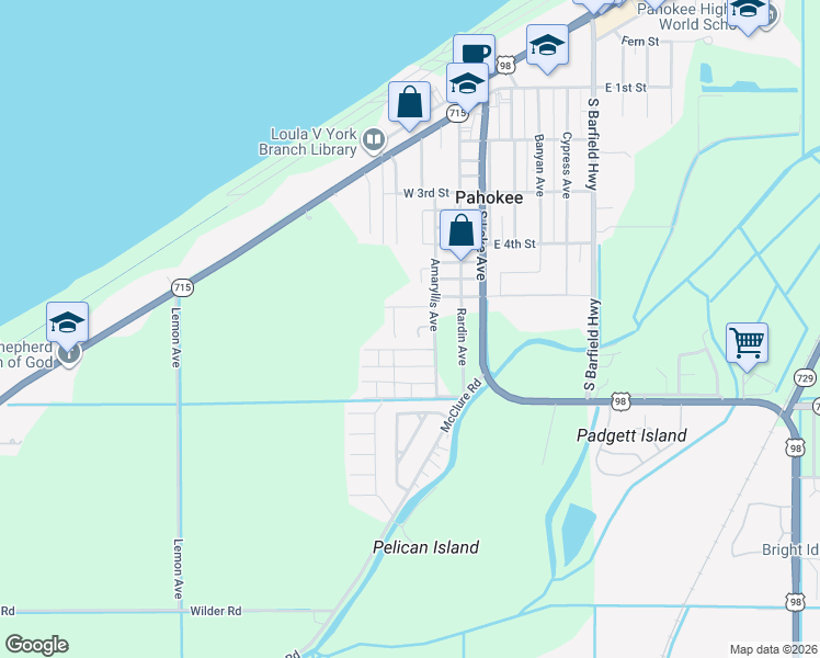 map of restaurants, bars, coffee shops, grocery stores, and more near 323 Seminole Court in Pahokee