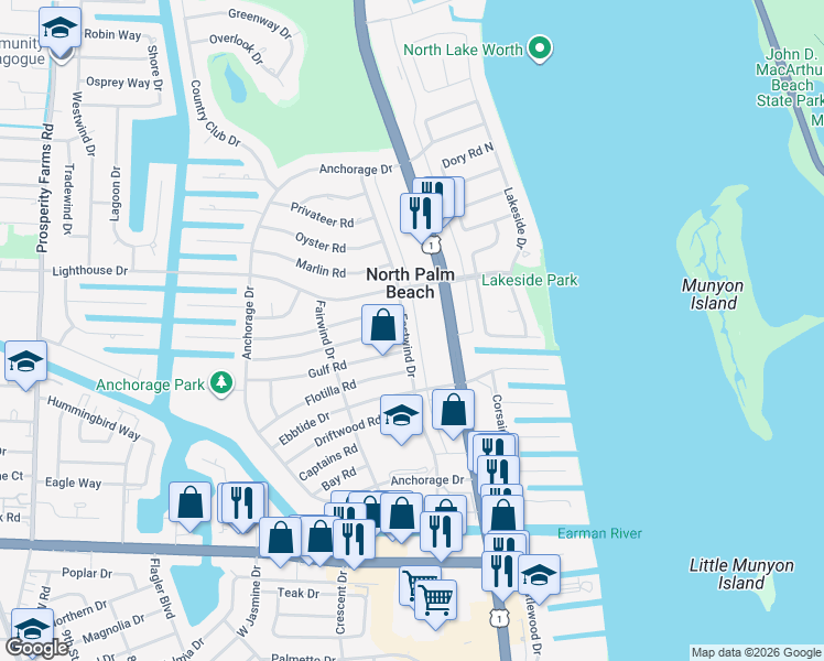 map of restaurants, bars, coffee shops, grocery stores, and more near 401 Harbour Road in North Palm Beach