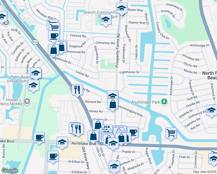 map of restaurants, bars, coffee shops, grocery stores, and more near 52 Robalo Court in North Palm Beach