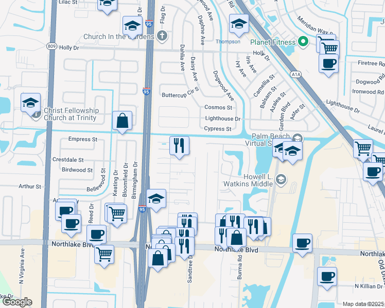 map of restaurants, bars, coffee shops, grocery stores, and more near 3717 Park Lane Villas Road in West Palm Beach