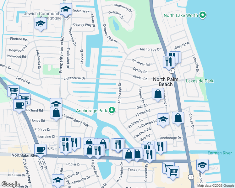 map of restaurants, bars, coffee shops, grocery stores, and more near 649 Anchorage Drive in North Palm Beach