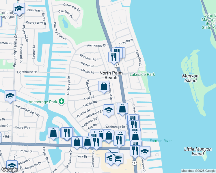 map of restaurants, bars, coffee shops, grocery stores, and more near 401 Harbour Road in North Palm Beach