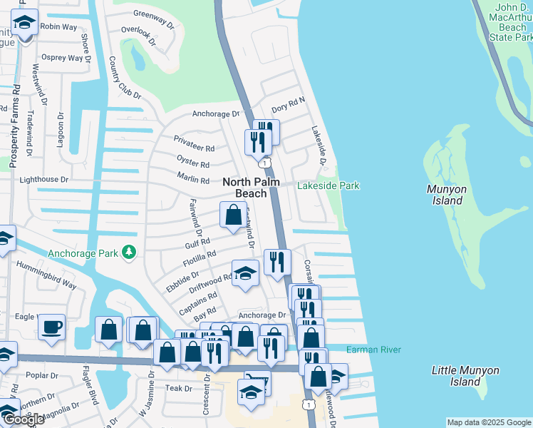 map of restaurants, bars, coffee shops, grocery stores, and more near 643 U.S. 1 in North Palm Beach